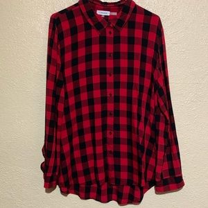 Calvin Klein Top Blouse XL Red Black Plaid Long Sleeve Viscose Front Buttons